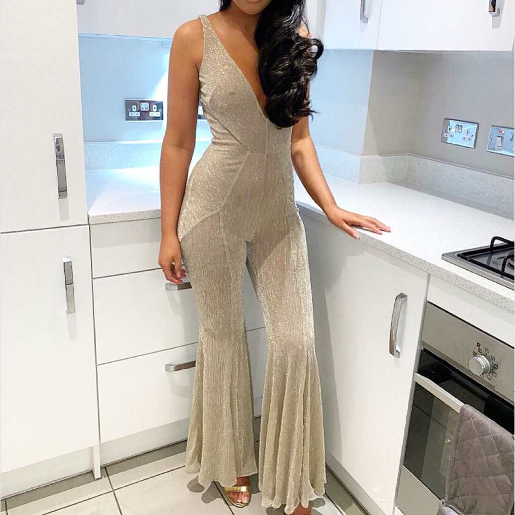 House Of Cb Fallon Champagne Lurex Kick Flare Jumpsuit